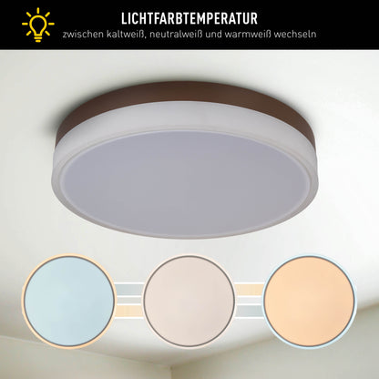 Deckenleuchten - LED / CCT Deckenleuchte "LOLA" Ø: 50cm / weiß/braun, Deckenlampe im Modern Style, aus Metall und Kunststoff in weiß, 9 cm hoch, Ø 50 cm, inkl. LED  dimmbar  CCT-Wechsler  Nachtlichtfunktion  Fernbedienung