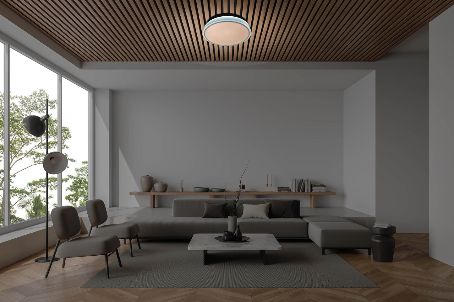 Deckenleuchten - LED / CCT Deckenleuchte "LOLA" Ø: 50cm / weiß/braun, Deckenlampe im Modern Style, aus Metall und Kunststoff in weiß, 9 cm hoch, Ø 50 cm, inkl. LED  dimmbar  CCT-Wechsler  Nachtlichtfunktion  Fernbedienung