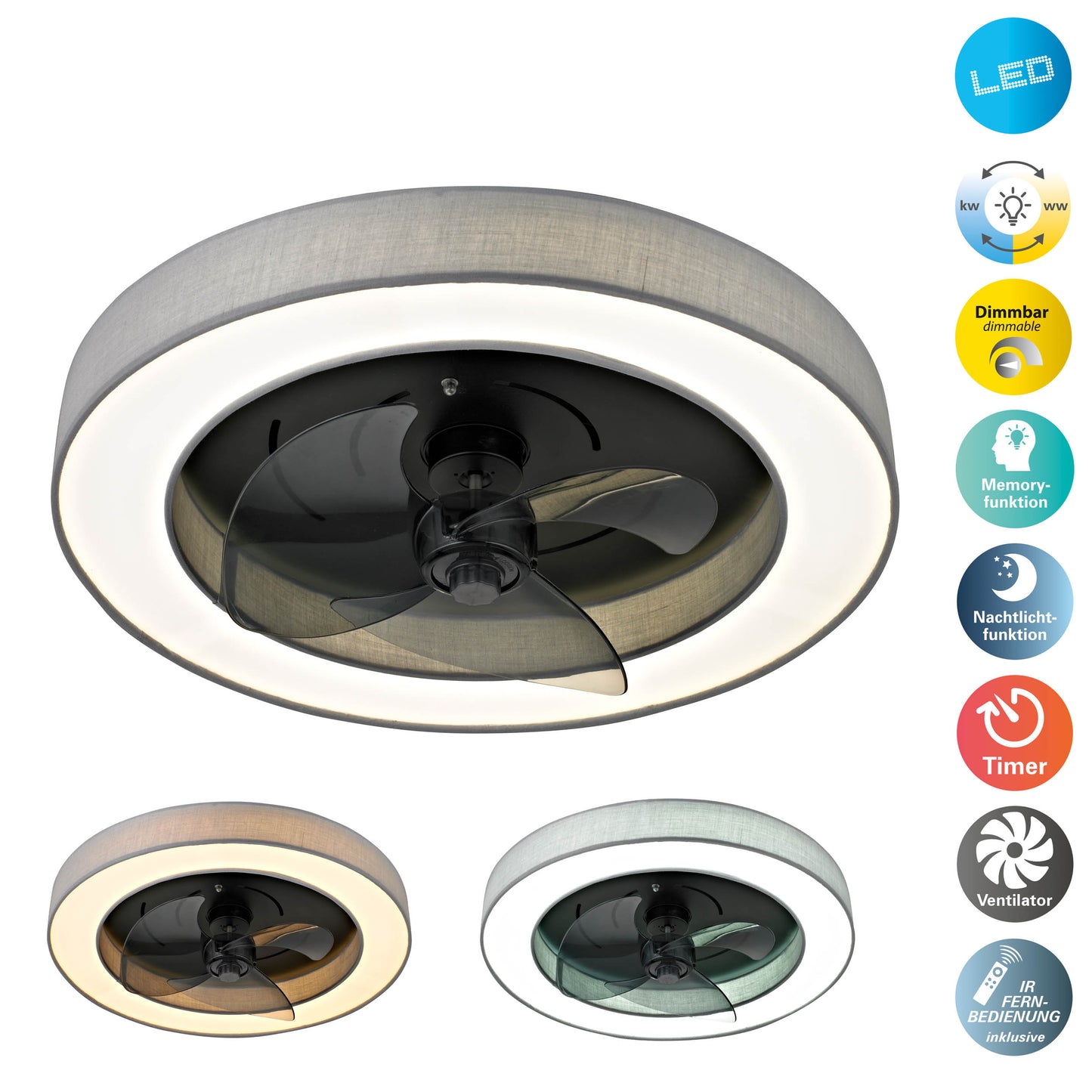 LED / CCT Deckenleuchte "VALENTO" inkl. Ventilator Ø: 51cm grau
