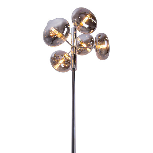 Stehleuchte - Stehleuchte "ORION" smoky, Stehlampe im Retro Style, aus Metall und Glas in chrome, 165 cm hoch, Ø 44 cm, G9-Fassung  Druckschalter