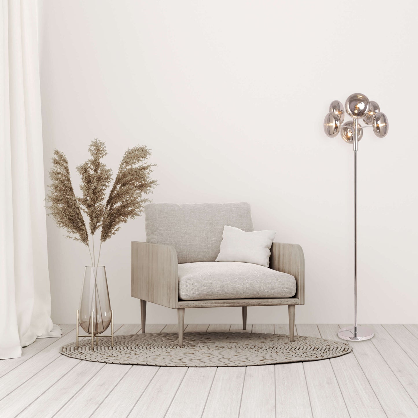 Stehleuchte - Stehleuchte "ORION" smoky, Stehlampe im Retro Style, aus Metall und Glas in chrome, 165 cm hoch, Ø 44 cm, G9-Fassung  Druckschalter