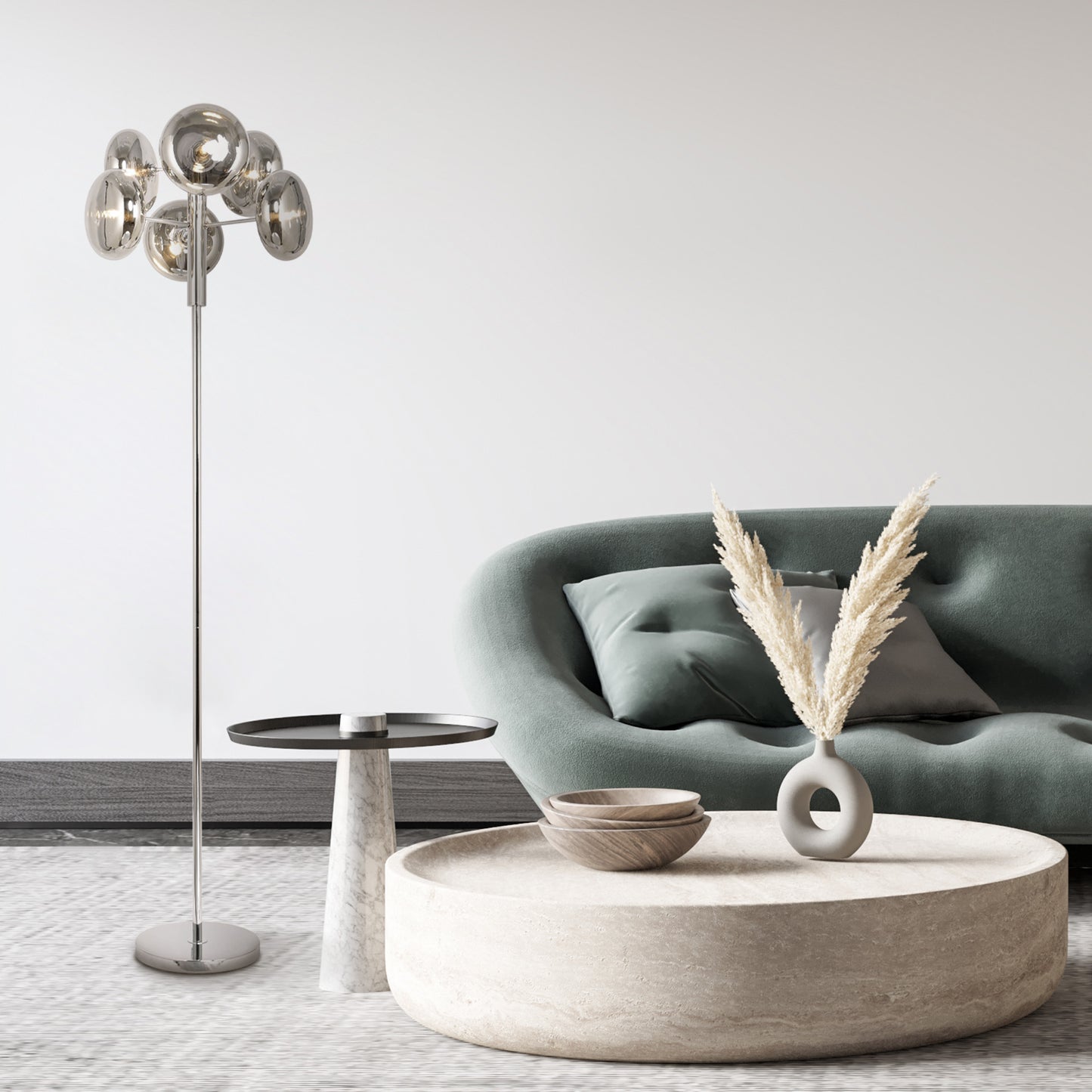 Stehleuchte - Stehleuchte "ORION" smoky, Stehlampe im Retro Style, aus Metall und Glas in chrome, 165 cm hoch, Ø 44 cm, G9-Fassung  Druckschalter