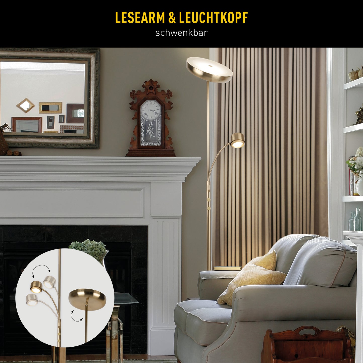 LED Stehleuchte "ROMIS" mit Lesearm H: 180cm messing matt