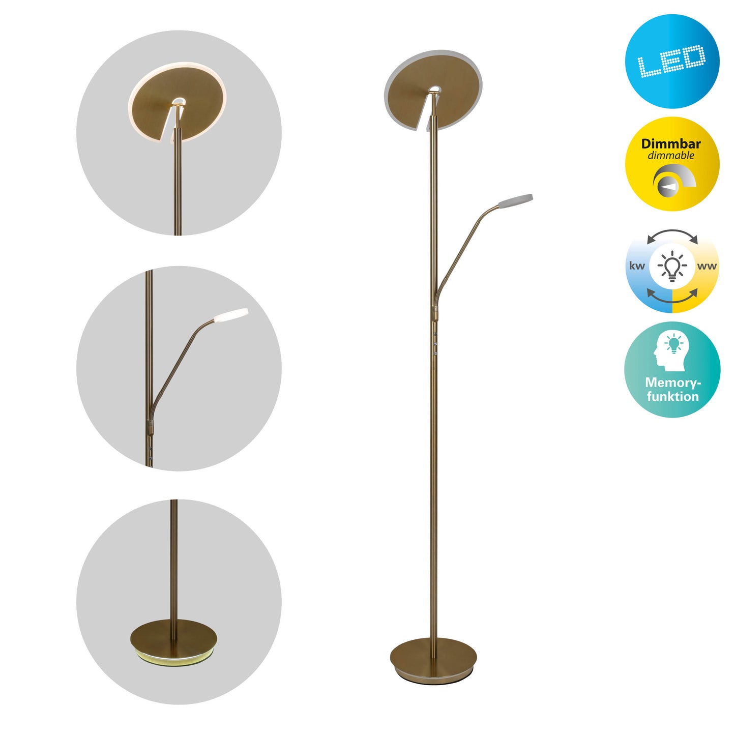 LED / CCT Stehleuchte "SAMIRO" inkl. Lesearm H: 180cm messing matt