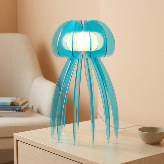 Türkise JELLYFISH-LED-Tischleuchte mit transparenten Lamellen und eingeschaltetem Licht auf einer hellen Kommode vor pfirsichfarbener Wand.