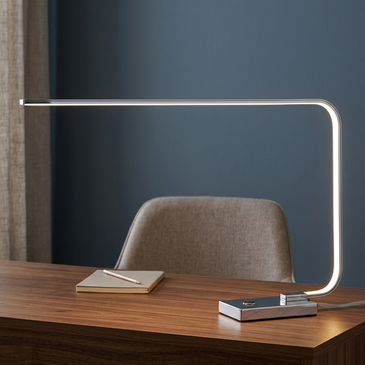 Eingeschaltete verchromte LED-Tischleuchte FAUCIUM mit langem, schlankem Leuchtenarm auf einem Holzschreibtisch vor einer blauen Wand.