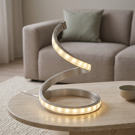 Eingeschaltete LED-Tischleuchte LOOP LINE in geschwungener Spiralform aus Stahl mit warmweißen LED-Punkten auf einem hellen Travertintisch vor einem Sofa mit salbeifarbenem Kissen