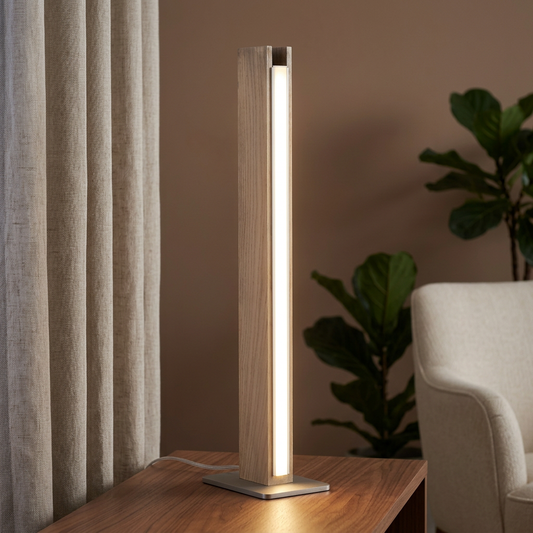 Eingeschaltete LED-Tischleuchte STRAIGHT aus hellem Holz mit silbernem Metallfuß auf einer Holzkonsole neben einem Leinenvorhang.