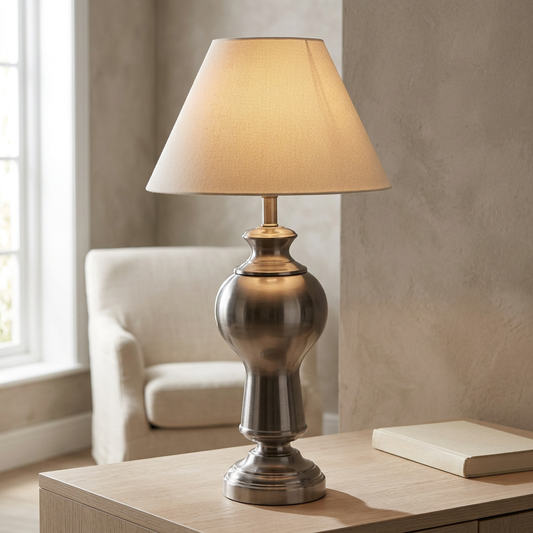 Tischleuchte Josi mit warm leuchtendem beigem Textilschirm und geschwungenem silberfarbenem Metallfuß auf einem hellen Sideboard vor einem cremefarbenen Sessel.