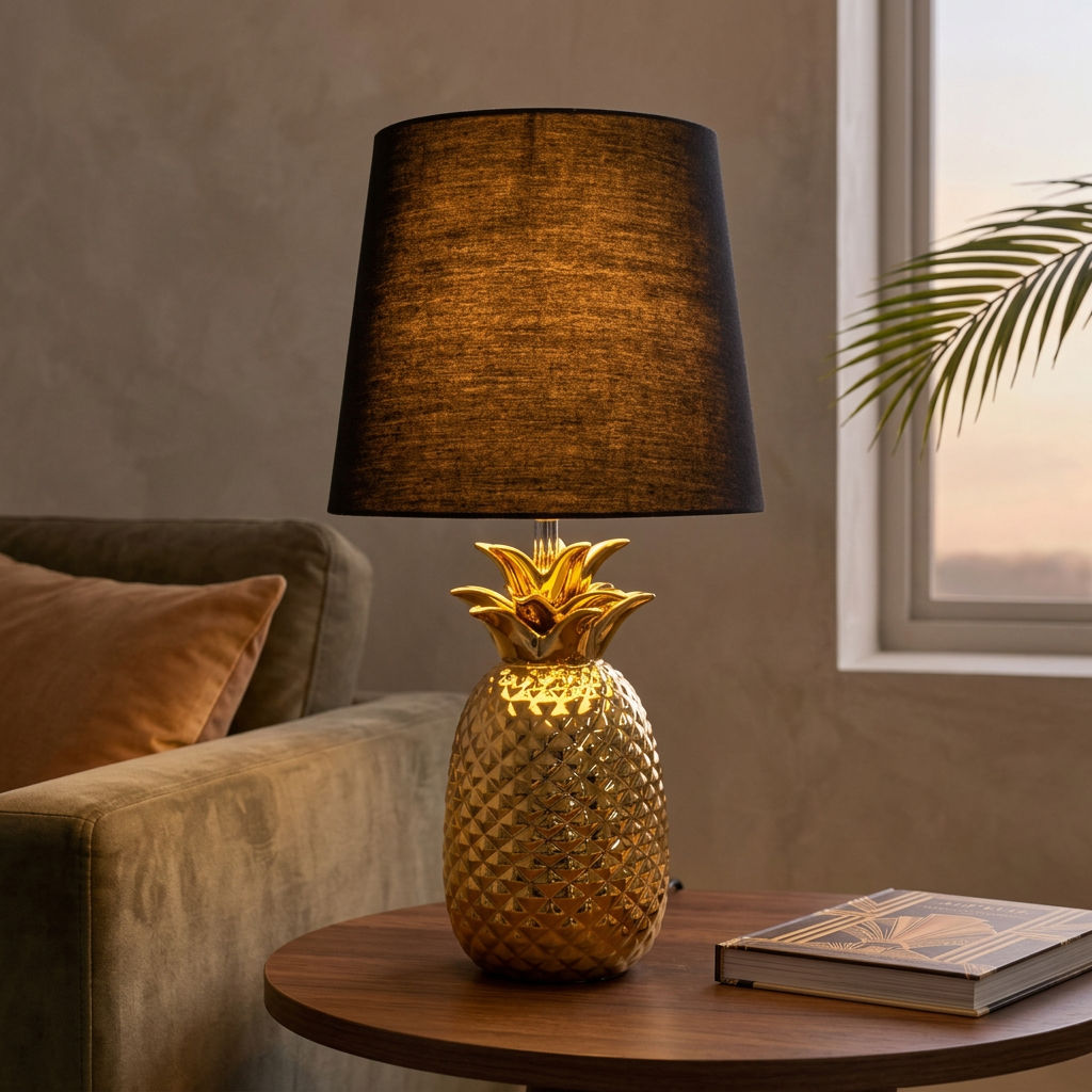 Eingeschaltete Tischleuchte ANANAS mit goldenem Keramikfuß und schwarzem Stoffschirm auf einem Walnusstisch neben einem Sofa im warmen Abendlicht