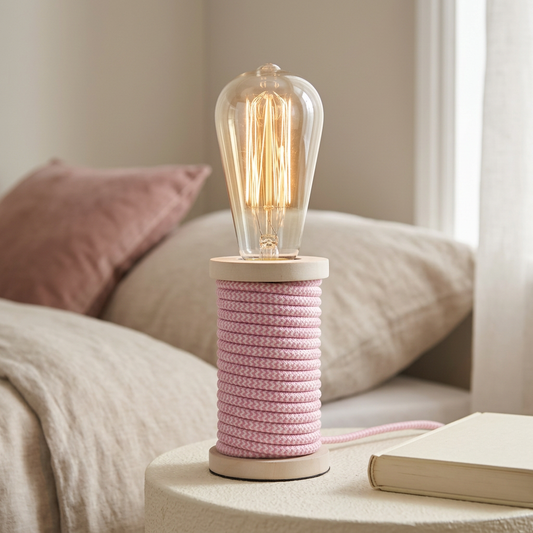 Tischleuchte MAX in Pink und Weiß mit geflochtenem Kabel um den Sockel und warm leuchtender Filamentlampe auf hellem Nachttisch vor cremefarbener Bettwäsche.