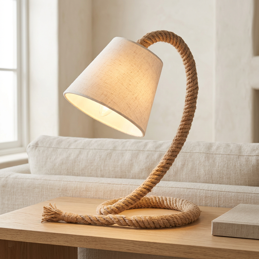 Tischleuchte ROPE mit geschwungenem naturfarbenem Seilgestell und warm leuchtendem Textilschirm auf einer Holzkonsole vor einem cremefarbenen Sofa.