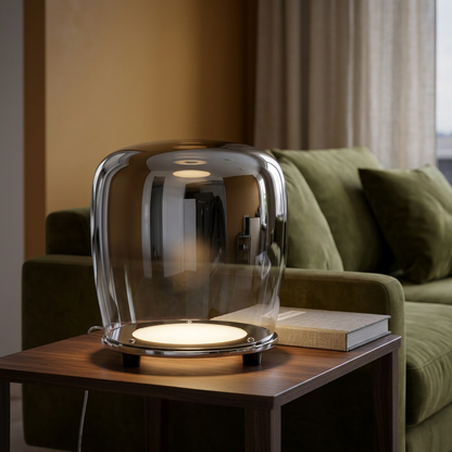 Eingeschaltete SMOKY-LED-Tischleuchte mit verspiegeltem Chromverlauf und klarem Glas auf einem Walnuss-Beistelltisch neben einem olivgrünen Sofa.