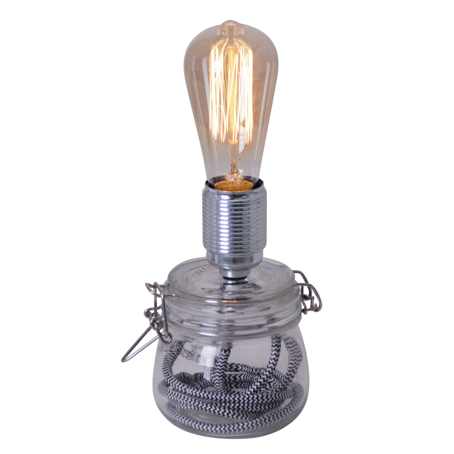 Tischleuchten - LED Glas-Tischleuchte "Max" h: 11cm klar incl. Leuchtmittel, Tischlampe im Industrial Style, aus Metall und Glas in klar/transparent, 20 cm hoch, Ø 11 cm, E27-Fassung  Kippschalter