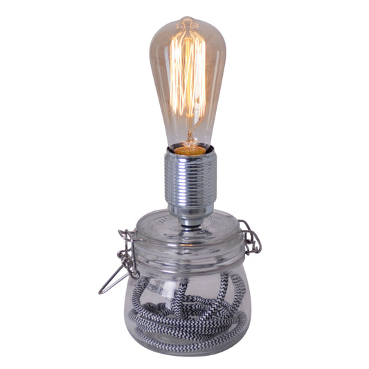 Tischleuchten - LED Glas-Tischleuchte "Max" h: 11cm klar incl. Leuchtmittel, Tischlampe im Industrial Style, aus Metall und Glas in klar/transparent, 20 cm hoch, Ø 11 cm, E27-Fassung  Kippschalter