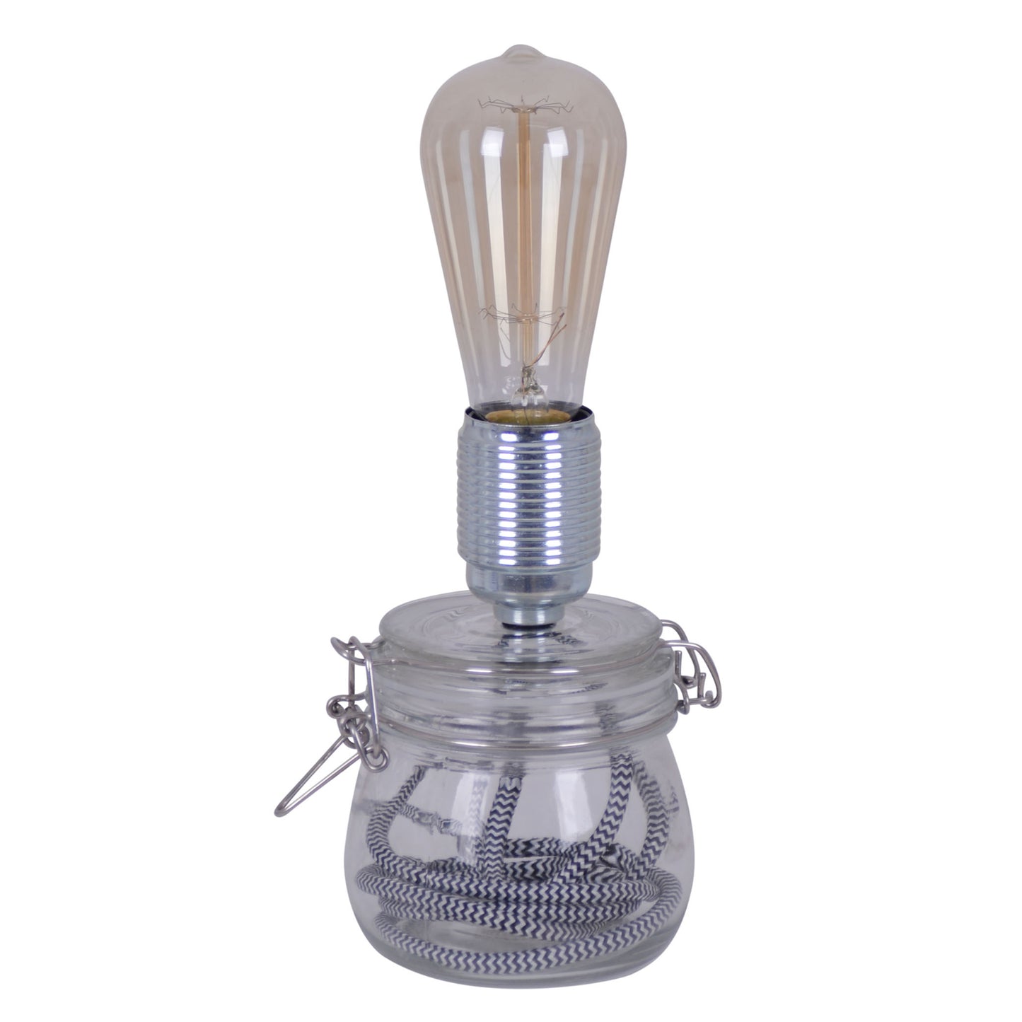 Tischleuchten - LED Glas-Tischleuchte "Max" h: 11cm klar incl. Leuchtmittel, Tischlampe im Industrial Style, aus Metall und Glas in klar/transparent, 20 cm hoch, Ø 11 cm, E27-Fassung  Kippschalter