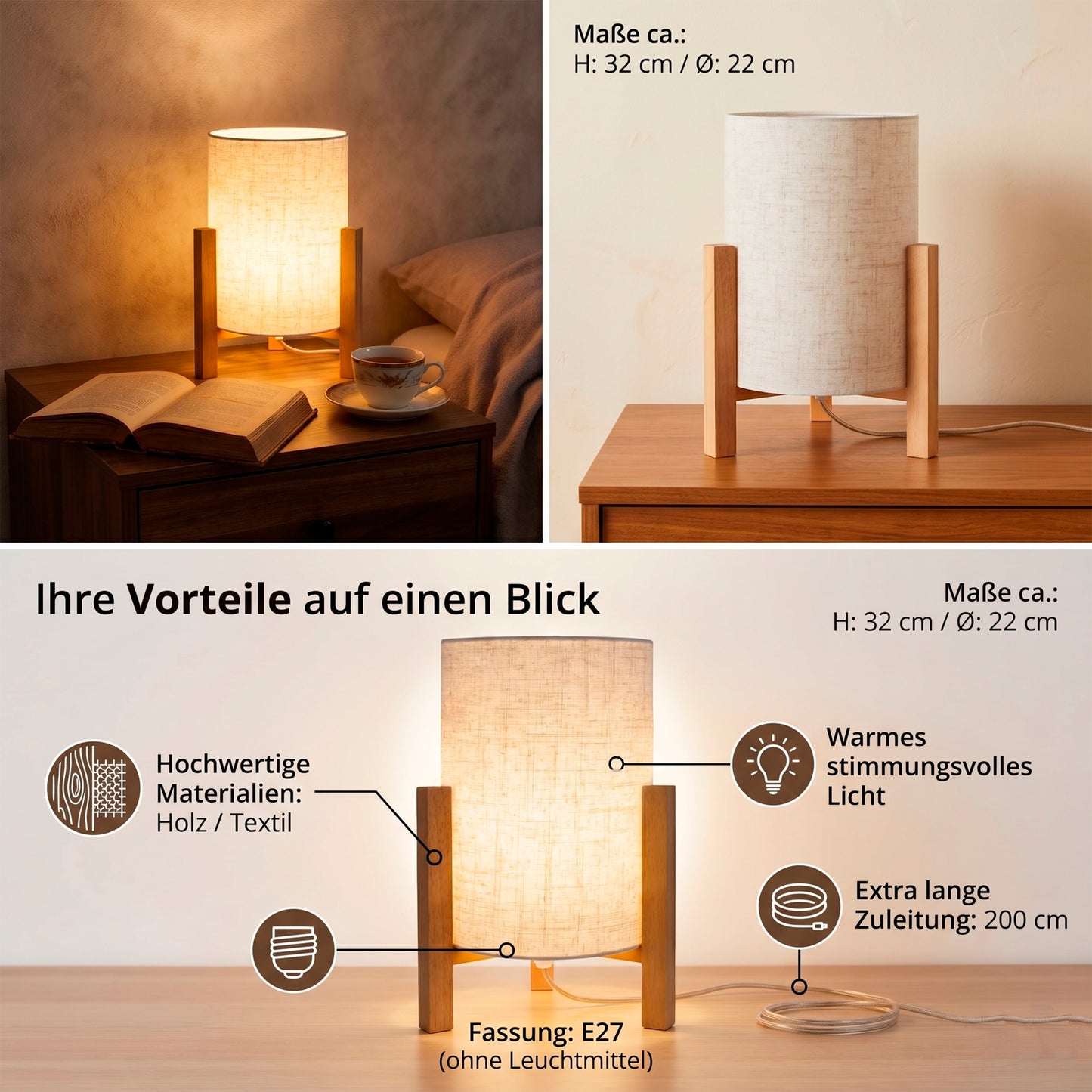 Tischleuchte "MATILDA" H: 32cm leinen/natur