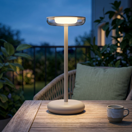 Eingeschaltete beige Akku-Tischleuchte PASI mit transparentem Schirm auf einem Holztisch auf einem begrünten Balkon im Abendlicht.