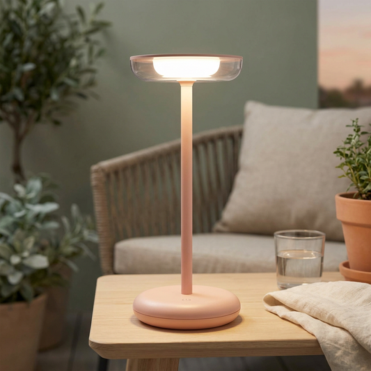 Eingeschaltete rosafarbene Akku-Tischleuchte PASI auf einem hellen Holztisch mit Wasserglas und Leinenserviette auf einem gemütlichen Balkon am Abend