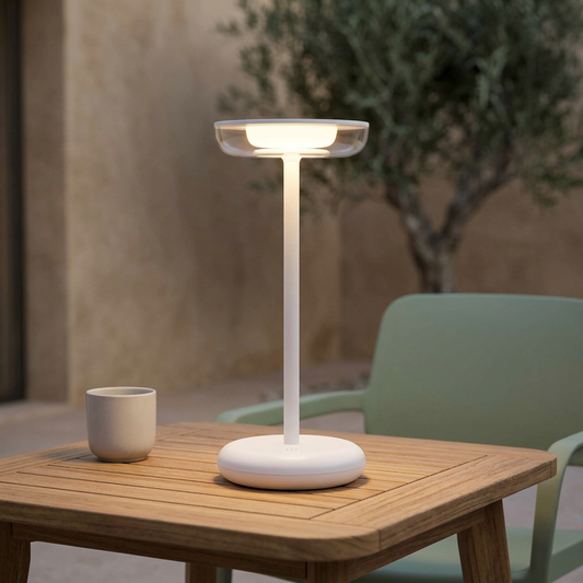 Eingeschaltete weiße Akku-Tischleuchte PASI mit transparentem Schirm auf einem Holztisch auf der Terrasse im Abendlicht.