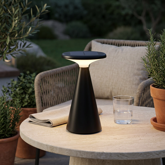 Eingeschaltete schwarze Solar-Akku-Tischleuchte PALU auf einem hellen runden Steintisch mit Wasserglas und Leinenserviette auf einer gemütlichen Gartenterrasse mit Kräutern und Flechtsessel