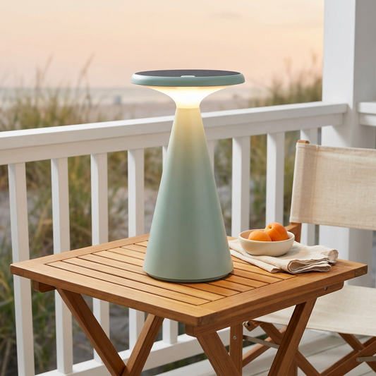 Eingeschaltete mintfarbene Solar-Akku-Tischleuchte PALU auf einem Teakholz-Bistrotisch mit Aprikosenschale und Leinenserviette auf einem sommerlichen Balkon im sanften Abendlicht
