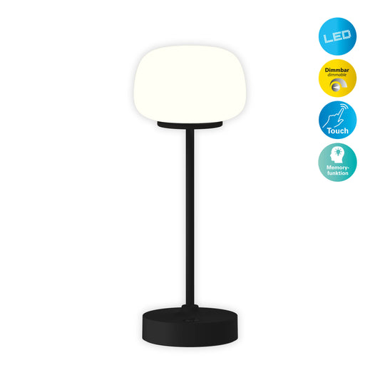 Tischleuchten - LED Akku-/Tischleuchte "PINA" H: 30cm schwarz, Tischlampe im Scandi Style, aus Metall und Glas in schwarz, 30 cm hoch, Ø 10,5 cm, inkl. LED  dimmbar  Akkubetrieb  Akku- und Netzbetrieb  Berührungssensor  USB Typ C