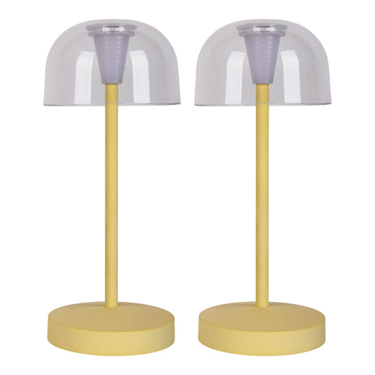 Außentischleuchten - 2er-Set Akku-/Tischleuchte "GOMBA" H: 18,5cm gelb, Tischlampe für den Außenbereich im Modern Style aus Metall und Kunststoff in gelb, 18,5 cm hoch, Ø 8 cm, LED Platine  dimmbar  Berührungssensor  Akkubetrieb