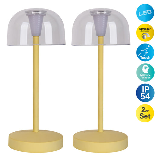 Außentischleuchten - 2er-Set Akku-/Tischleuchte "GOMBA" H: 18,5cm gelb, Tischlampe für den Außenbereich im Modern Style aus Metall und Kunststoff in gelb, 18,5 cm hoch, Ø 8 cm, LED Platine  dimmbar  Berührungssensor  Akkubetrieb