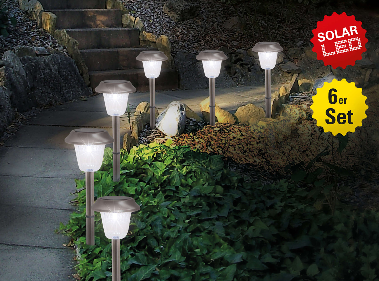 6er-Set LED Solar-/Erdspieß "GUSTAV" Ø: 39 cm