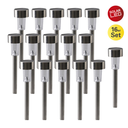 16er-Set Solar-/Erdspieß H: 36cm, Lampe für den Außenbereich im Modern-Style, aus Metall und Kunststoff in stahl-blank, 36 cm hoch, Ø 5,5 cm, LED Platine  mit Dämmerungssensor  Dämmerungssensor