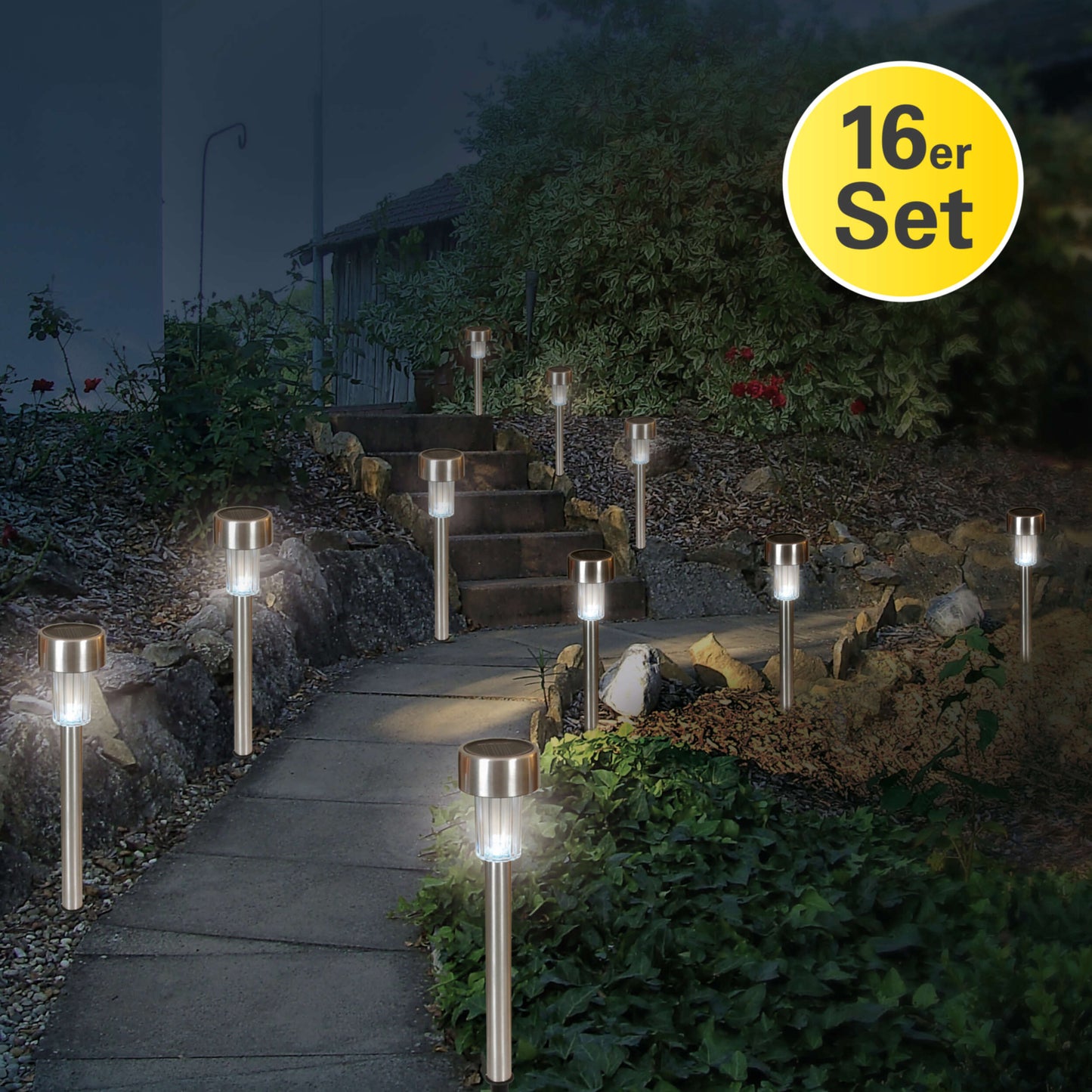 16er-Set Solar-/Erdspieß H: 36cm, Lampe für den Außenbereich im Modern-Style, aus Metall und Kunststoff in stahl-blank, 36 cm hoch, Ø 5,5 cm, LED Platine  mit Dämmerungssensor  Dämmerungssensor