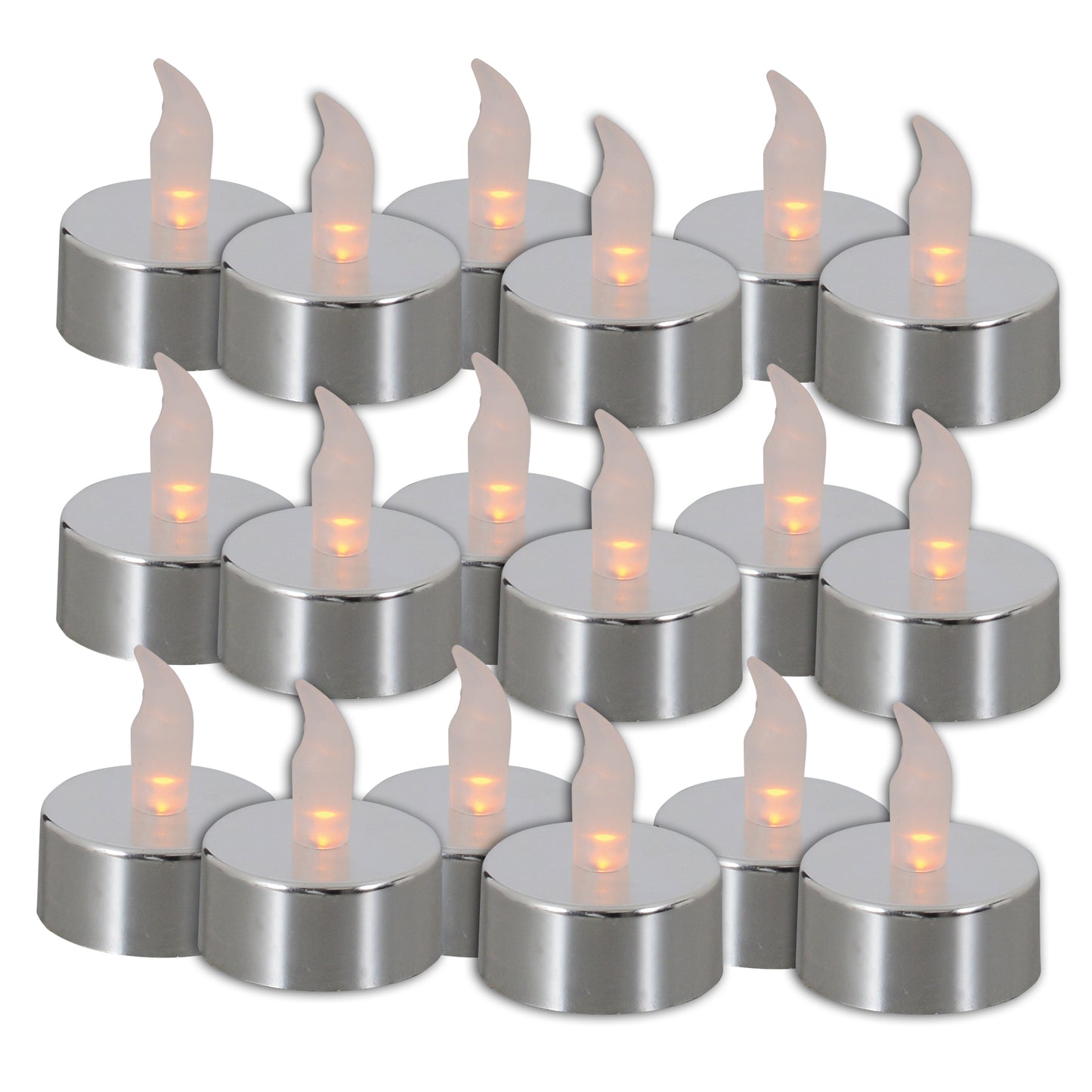 18er-Set LED Kerzen, im Modern Style, aus Kunststoff in silber, 5 cm hoch, Ø 4 cm, LED Platine  Batteriebetrieb  mit realistischem Flammeneffekt  Schiebeschalter