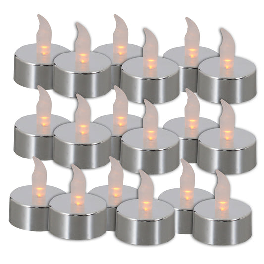 18er-Set LED Kerzen, im Modern Style, aus Kunststoff in silber, 5 cm hoch, Ø 4 cm, LED Platine  Batteriebetrieb  mit realistischem Flammeneffekt  Schiebeschalter