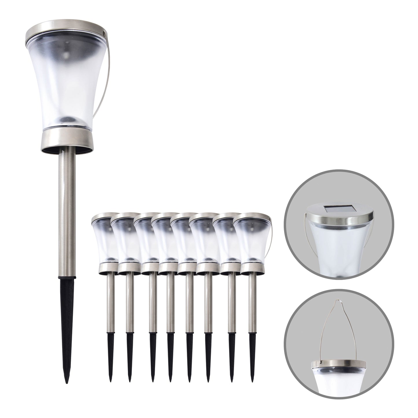 8er-Set Solarleuchte "VERONICA" H: 39,5cm, Lampe für den Außenbereich im Modern-Style, aus Metall und Kunststoff in stahl-blank, 39,5 cm hoch, Ø 9 cm, LED Platine  mit Schiebeschalter  Dämmerungssensor