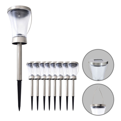 8er-Set Solarleuchte "VERONICA" H: 39,5cm, Lampe für den Außenbereich im Modern-Style, aus Metall und Kunststoff in stahl-blank, 39,5 cm hoch, Ø 9 cm, LED Platine  mit Schiebeschalter  Dämmerungssensor