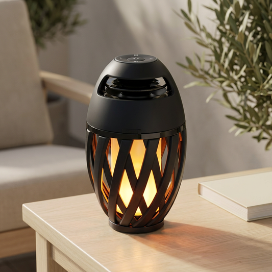 Schwarze LED-Tischleuchte MUNA mit integriertem Bluetooth-Lautsprecher und amberfarbenem Licht hinter dem Gittergehäuse auf einem hellen Terrassentisch.