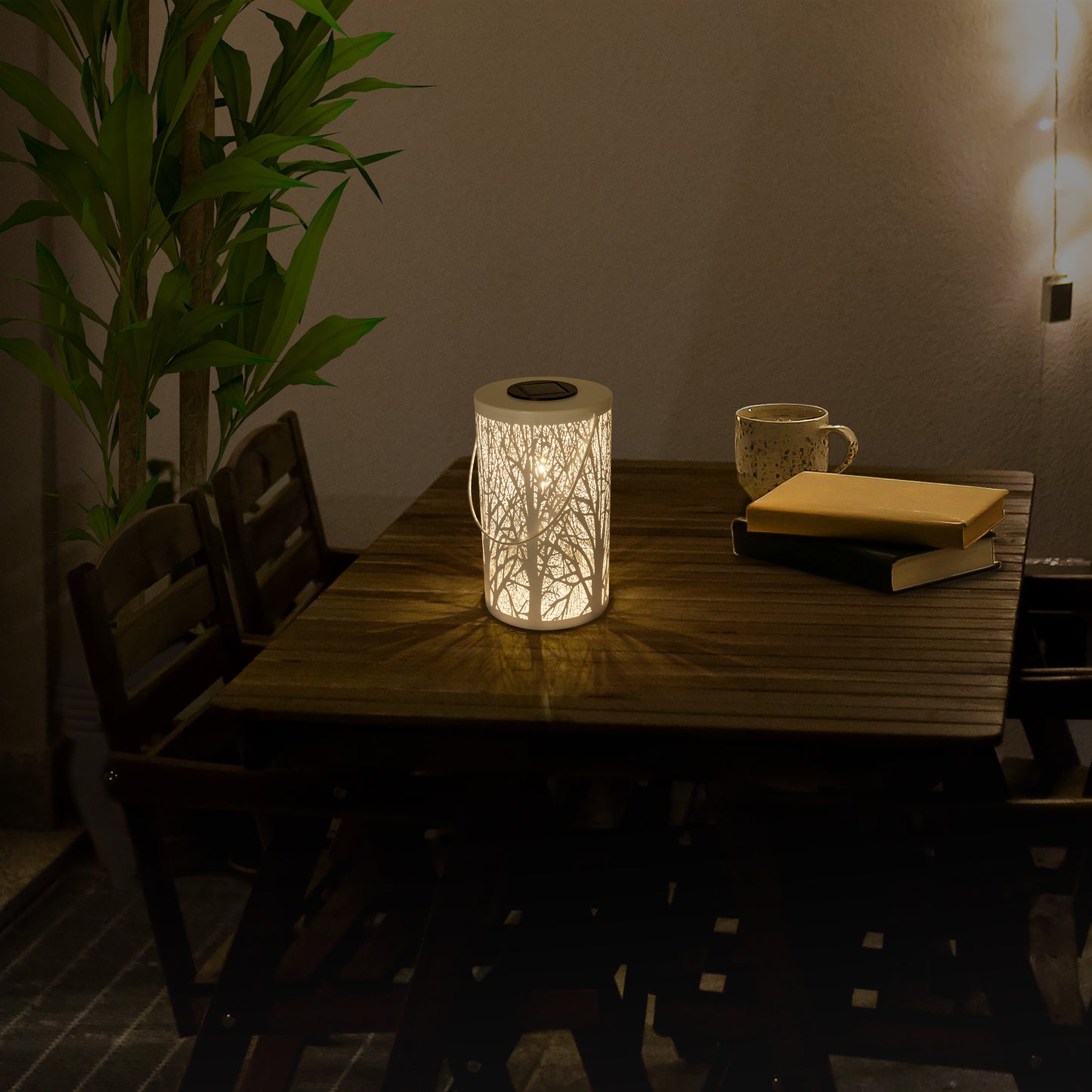 LED-Deko-Solarleuchte weiß, Lampe für den Außenbereich im Natural-Style, aus Kunststoff in weiß, 20 cm hoch, Ø 12 cm, LED Platine  mit Schiebeschalter