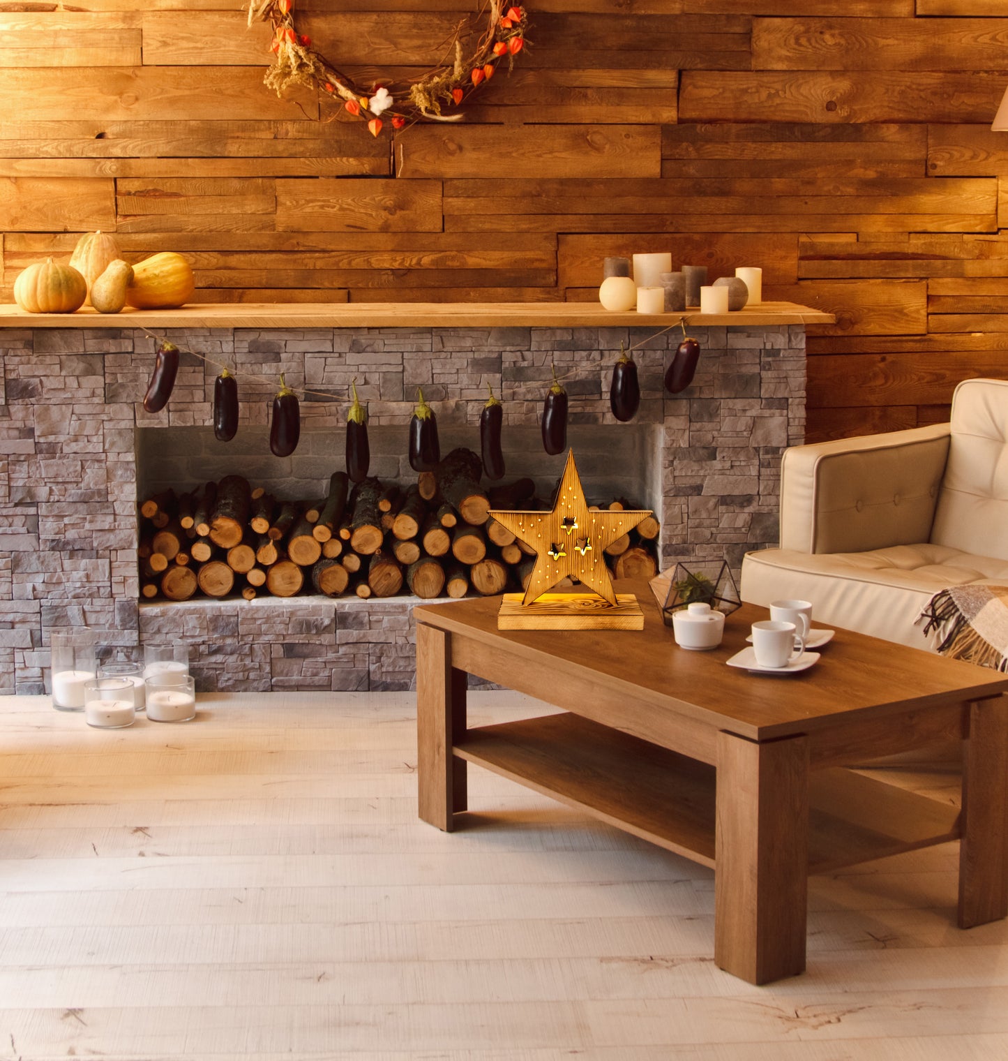 LED Holzstern H: 29cm natur