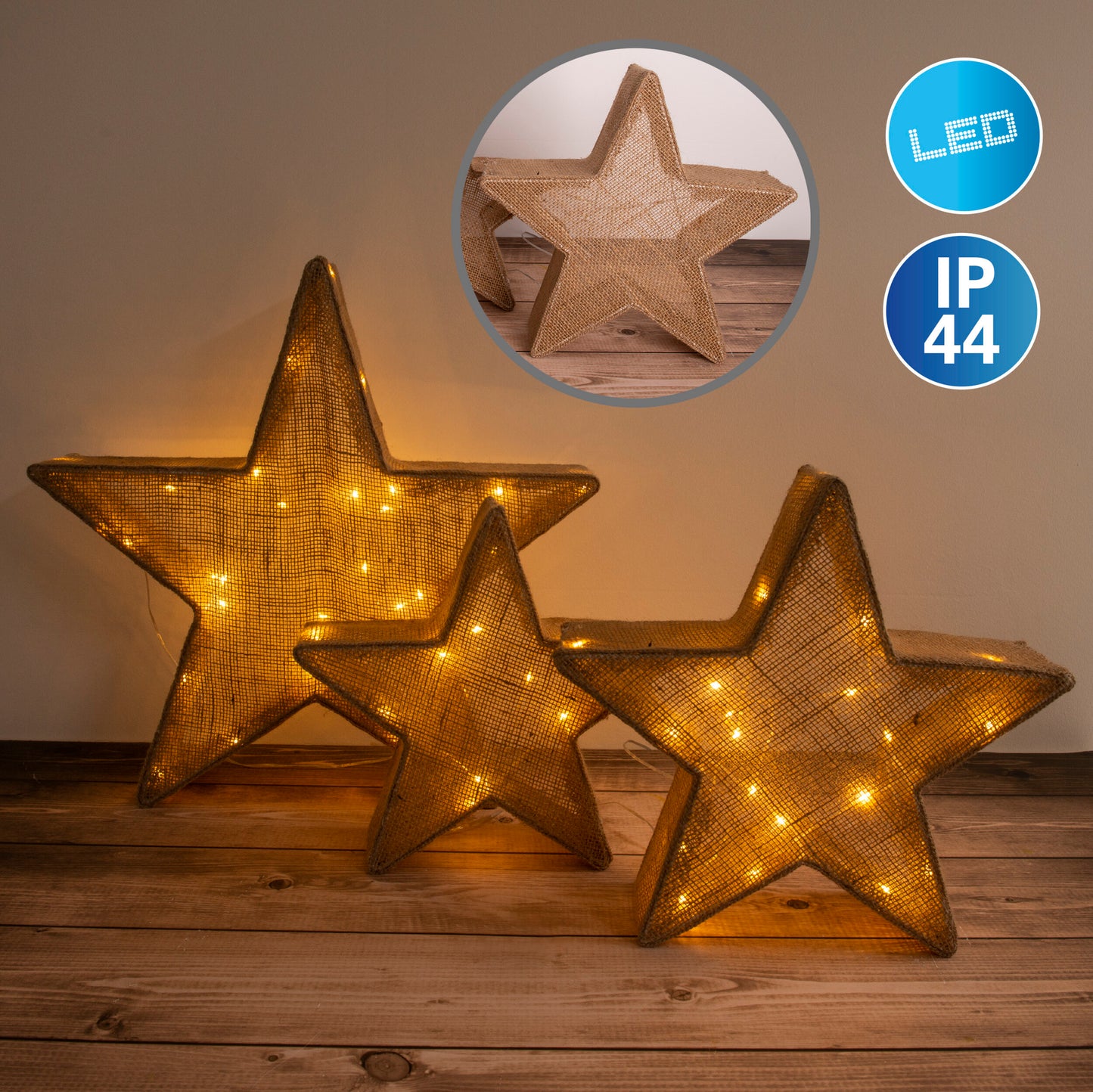 3er-Set LED Weihnachtssterne braun