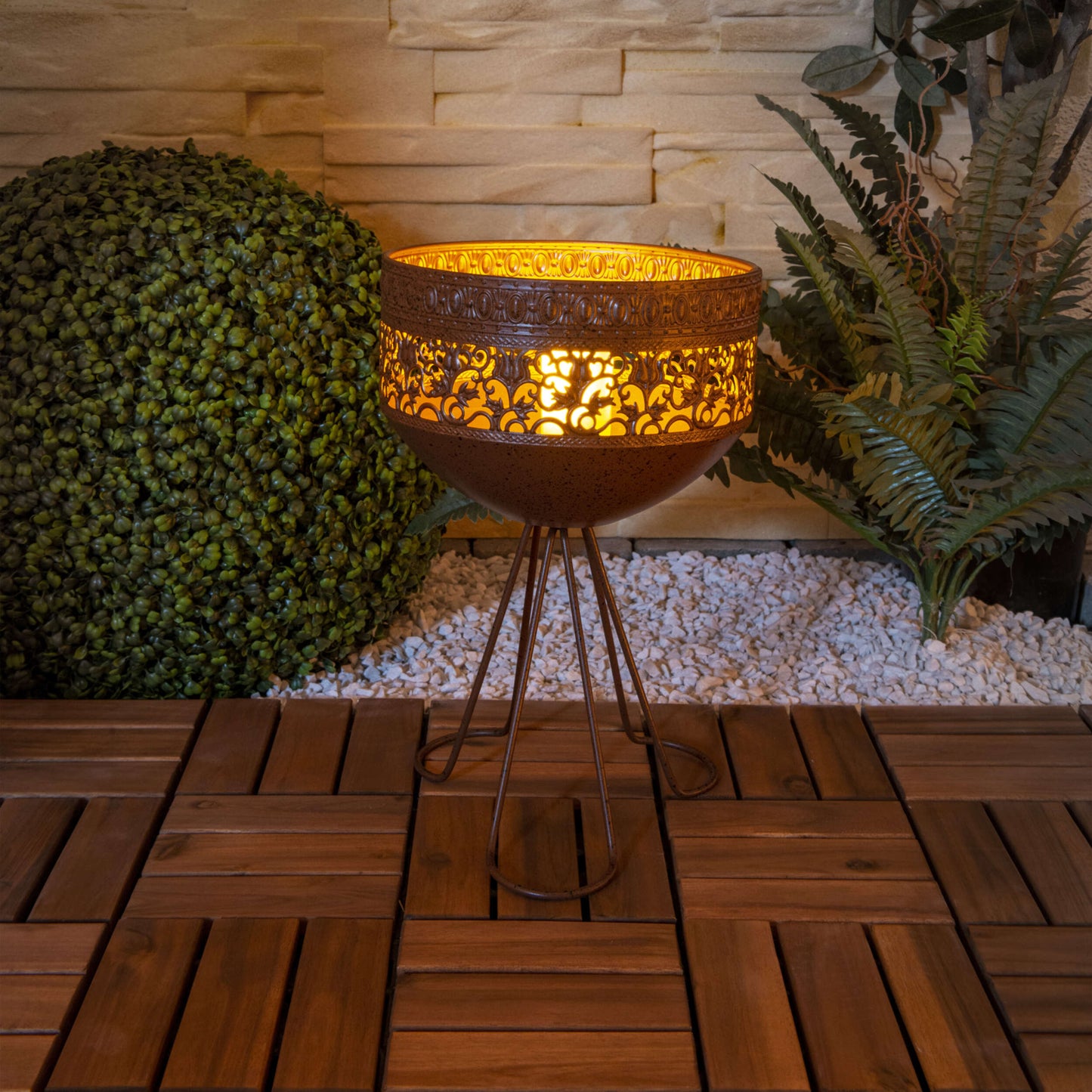 LED Deko-Solarleuchte mit Standfuß h: 34,5cm "ROME", Lampe für den Außenbereich im Landhaus Stil, aus Metall und Kunststoff in rost, 34,5 cm hoch, Ø 22 cm, LED Platine  mit Schiebeschalter  Dämmerungssensor
