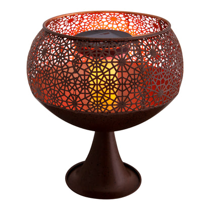 LED Deko-Solarleuchte mit Standfuß h: 25cm /Flammeneffekt, Lampe für den Außenbereich im Asia-Style, aus Metall und Kunststoff in rost, 25 cm hoch, Ø 22 cm, LED Platine  mit Druckschalter  Dämmerungssensor