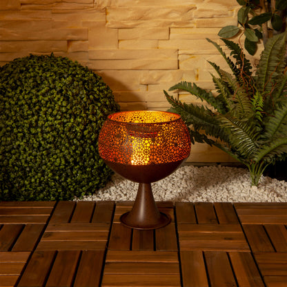 LED Deko-Solarleuchte mit Standfuß h: 25cm /Flammeneffekt, Lampe für den Außenbereich im Asia-Style, aus Metall und Kunststoff in rost, 25 cm hoch, Ø 22 cm, LED Platine  mit Druckschalter  Dämmerungssensor