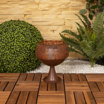 LED Deko-Solarleuchte mit Standfuß h: 25cm /Flammeneffekt, Lampe für den Außenbereich im Asia-Style, aus Metall und Kunststoff in rost, 25 cm hoch, Ø 22 cm, LED Platine  mit Druckschalter  Dämmerungssensor