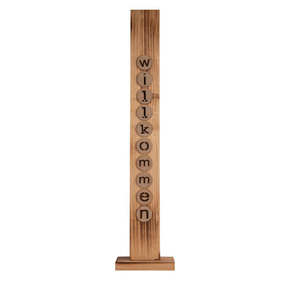 LED-Holz-Dekoleuchte "WILLKOMMEN", Deko im Landhaus Stil, aus Holz in natur, 18 x 10 x 82 cm, mit Diode  für den Außenbereich  Batteriebetrieb  Timerfunktion  Druckschalter