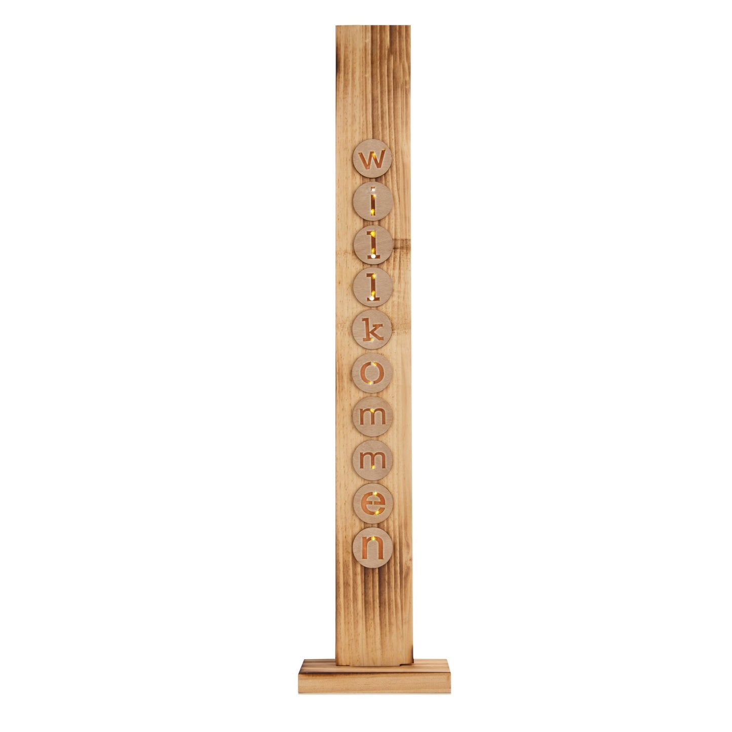 LED-Holz-Dekoleuchte "WILLKOMMEN", Deko im Landhaus Stil, aus Holz in natur, 18 x 10 x 82 cm, mit Diode  für den Außenbereich  Batteriebetrieb  Timerfunktion  Druckschalter