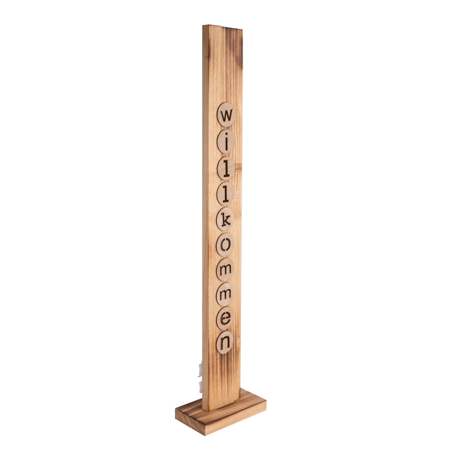 LED-Holz-Dekoleuchte "WILLKOMMEN", Deko im Landhaus Stil, aus Holz in natur, 18 x 10 x 82 cm, mit Diode  für den Außenbereich  Batteriebetrieb  Timerfunktion  Druckschalter