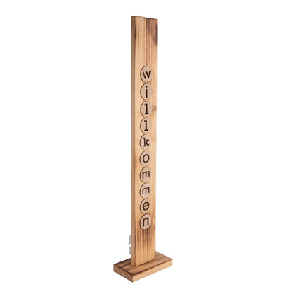 LED-Holz-Dekoleuchte "WILLKOMMEN", Deko im Landhaus Stil, aus Holz in natur, 18 x 10 x 82 cm, mit Diode  für den Außenbereich  Batteriebetrieb  Timerfunktion  Druckschalter