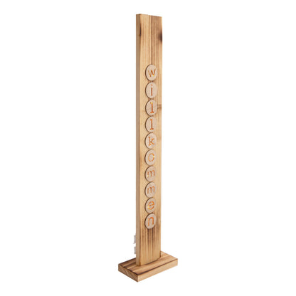 LED-Holz-Dekoleuchte "WILLKOMMEN", Deko im Landhaus Stil, aus Holz in natur, 18 x 10 x 82 cm, mit Diode  für den Außenbereich  Batteriebetrieb  Timerfunktion  Druckschalter