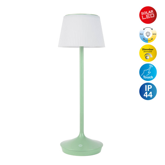 Außentischleuchten - LED / CCT Solar-/ Akkutischleuchte "EMMI" H: 38cm mint, Tischlampe für den Außenbereich im Scandi Stil aus Metall und Kunststoff in mint, 38 cm hoch, Ø 13 cm, LED Platine  dimmbar  Berührungssensor  CCT-Wechsler